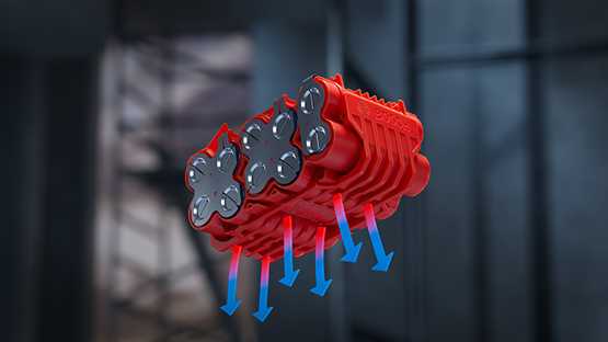 红色博世专业工具悬浮，配有六个黑色电池单元。