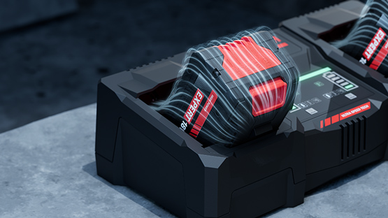 两个红色博世专业电池在黑色充电器上。