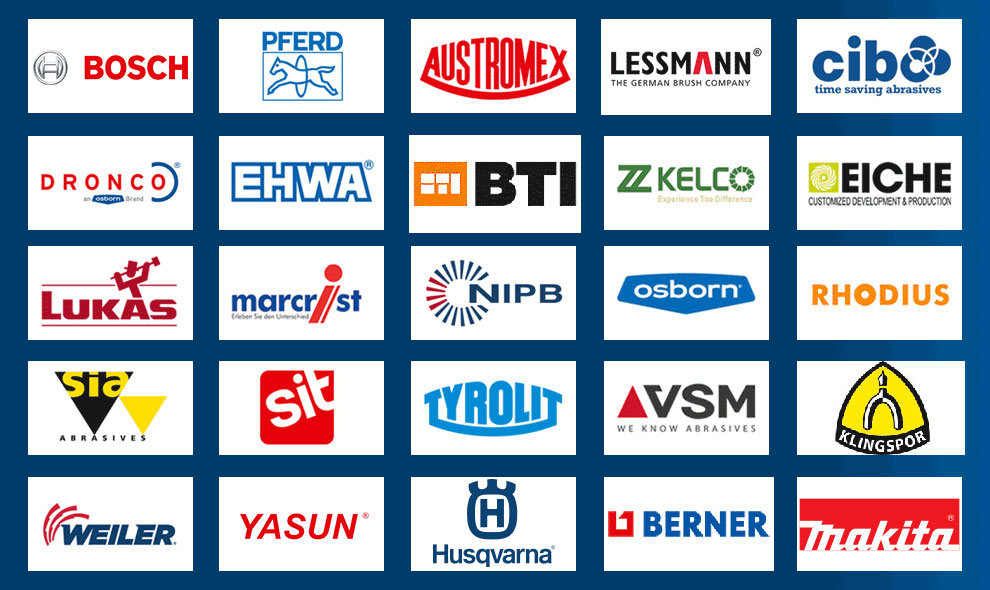 工具品牌的标志排列在蓝色背景上。